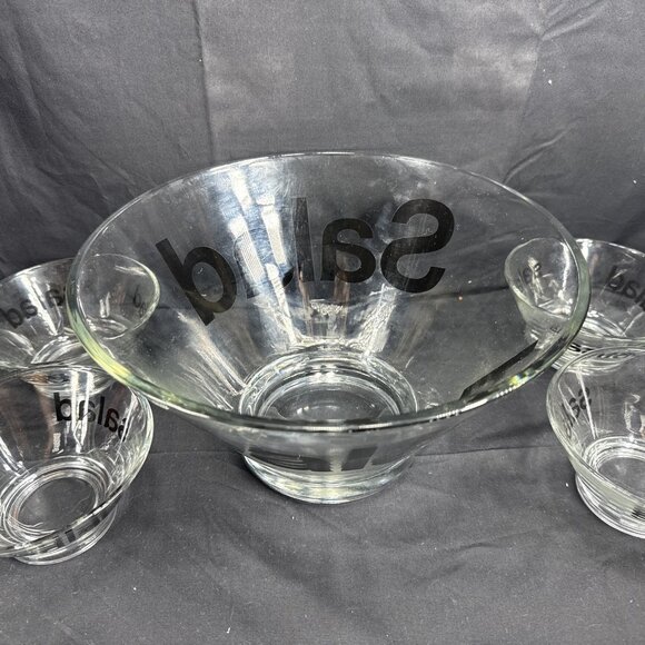 VTG Glass Salad Bowl Set – 1 Large + 6 Small Bowls w/ “Salad” Print Kitchenware - Picture 6 of 6